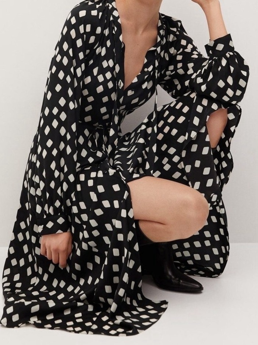 Mango Rombo Print Midi Dress Black White Long Sleeve Size L US 8